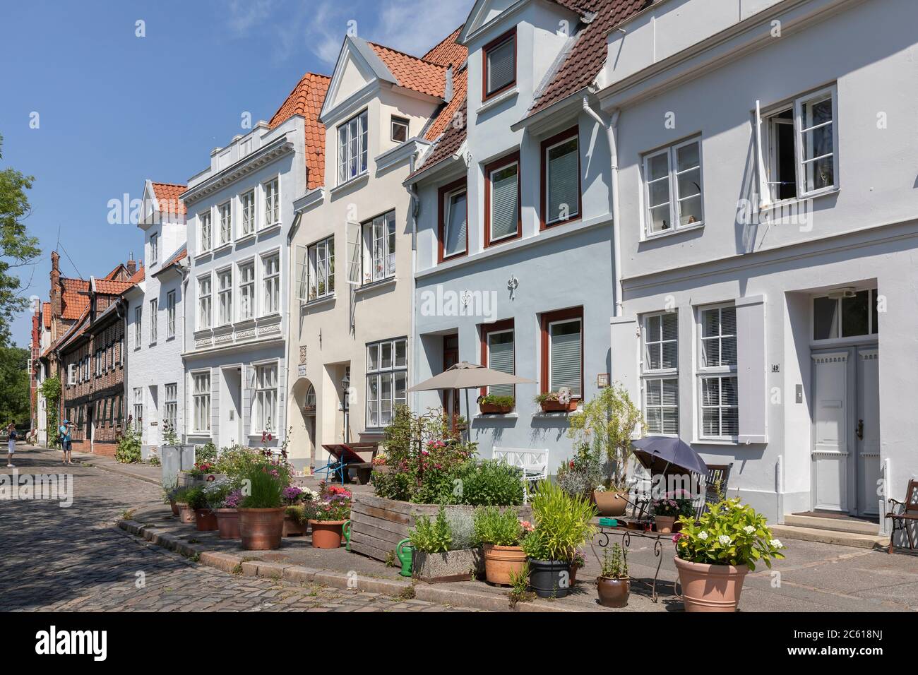 Houses on the street 'An der Obertrave' on the banks of the river Trave on the old town island of the Hanseatic city of Luebeck. Stock Photo
