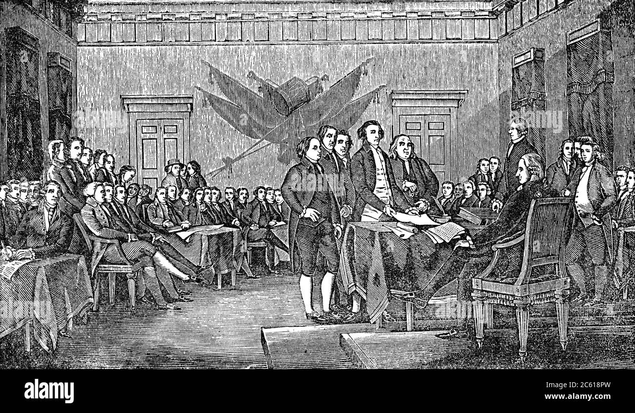 An engraved illustration of the signing the USA  American Declaration of Independence, from a Victorian book dated 1880 that is no longer in copyright Stock Photo