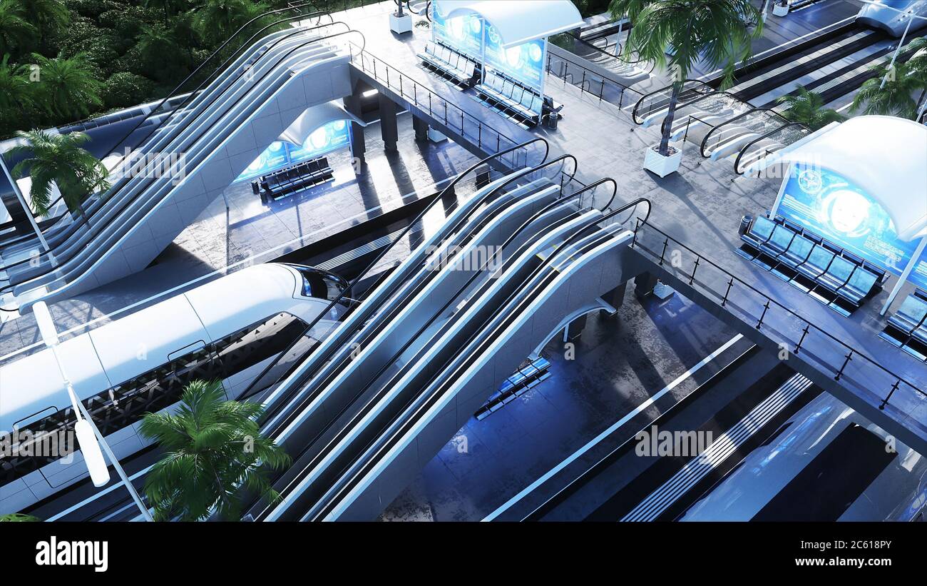 Sci Fi railway futuristic station. Future concept. Aerial view. 3d rendering Stock Photo