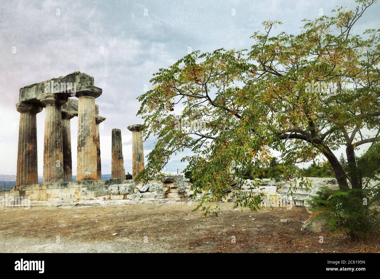 Colonnade Of The Temple Of Apollo At Sunset In Ancient Corinth Greece Filtered Image Vintage Effect Applied Instagram Like Vignette Grunge Toned Stock Photo Alamy