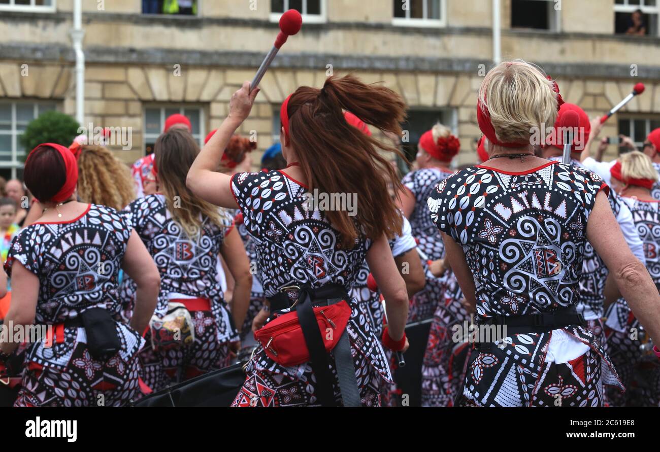 Afon Sistema percussion group perform  in Bath Carnival,bringing a South American festival to the English city,Bath,England,UK,. 15th of July,2017 Stock Photo