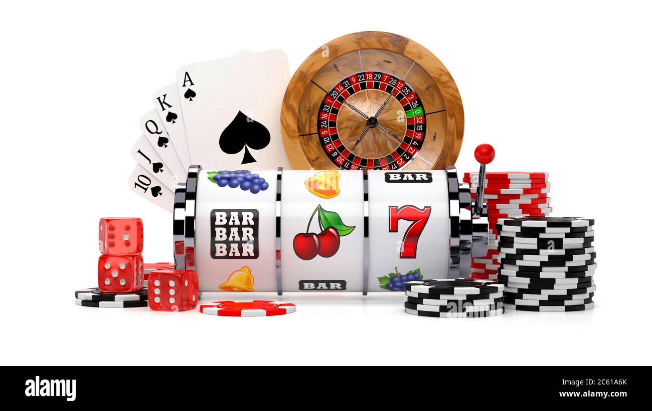 3D illustration of casino concept background with slot reel, flying chips, dice, roulette wheel and Royal Flush card combination Stock Photo