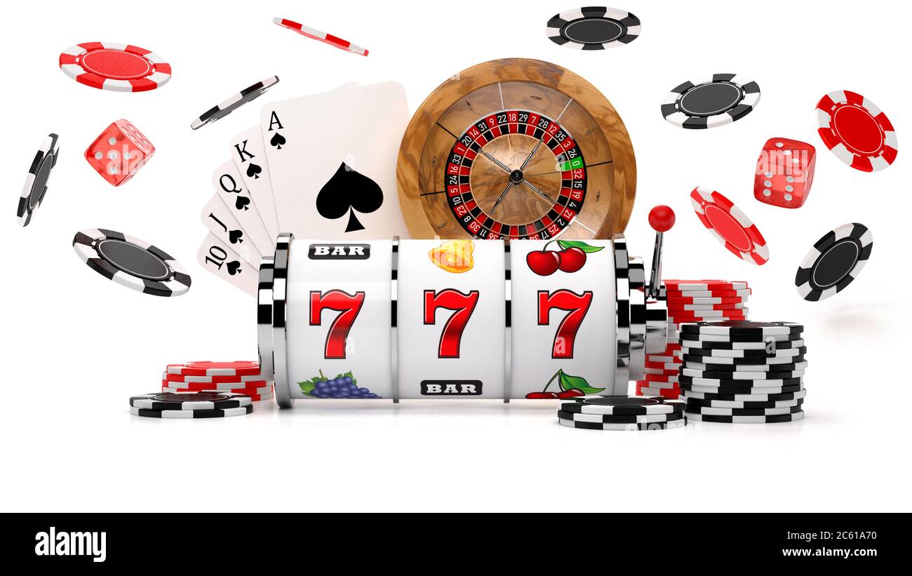 3D illustration of casino concept background with slot reel, flying chips, dice, roulette wheel and Royal Flush card combination Stock Photo