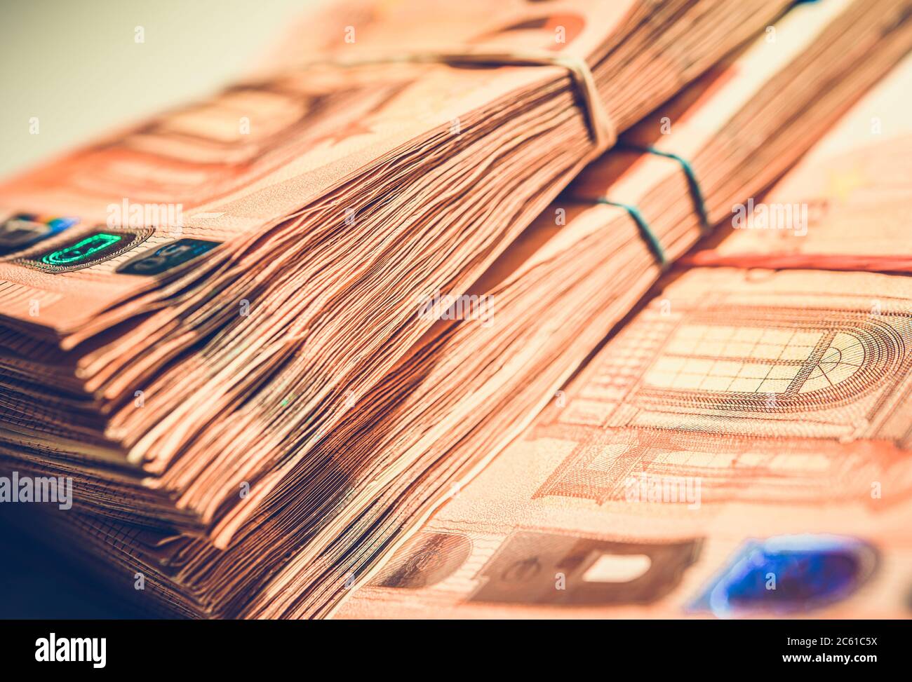 Pile of Fifty Euros Banknotes Close Up. European Union Economy Currency Theme. Stock Photo