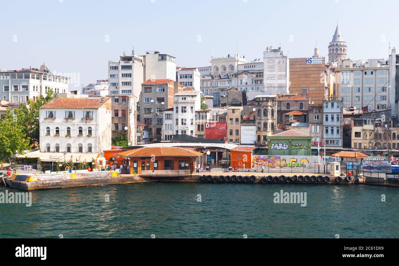 Istanbul, Turkey - July 1, 2016: Karakoy. Street view of Beyoglu district of Istanbul, located at the northern part of the Golden Horn. Galata tower i Stock Photo