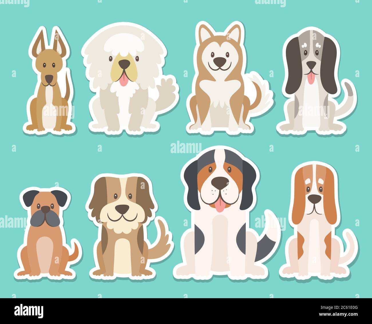 Sticker collection of different kinds of dogs. Sat dogs in front view position. Saint Bernard, boxer, sheepdog, husky. Vector illustration. Stock Vector