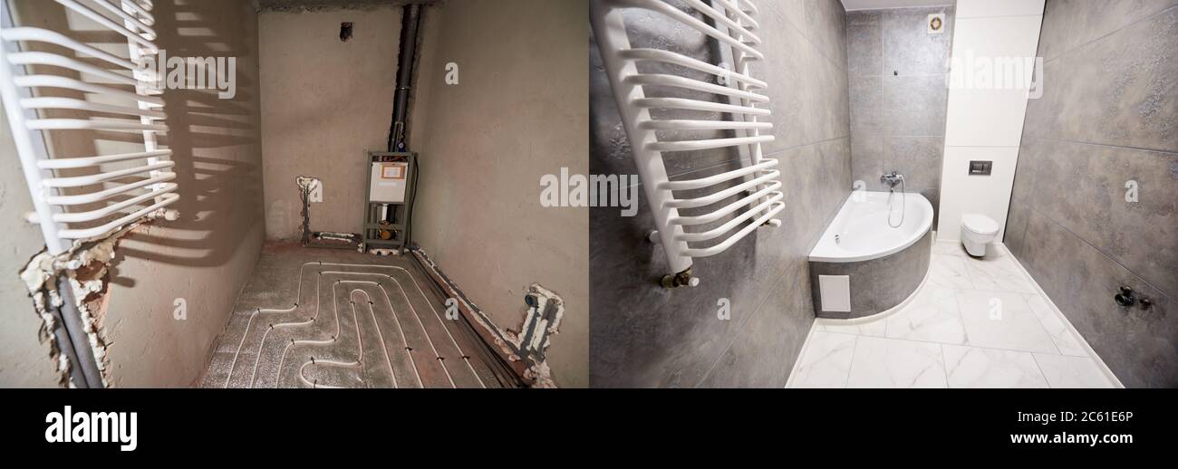 Comparison of old bathroom with underfloor heating pipes and new washroom with heated towel rail, bathtub and toilet bowl. Restroom with bath before and after refurbishment. Concept of renovation Stock Photo