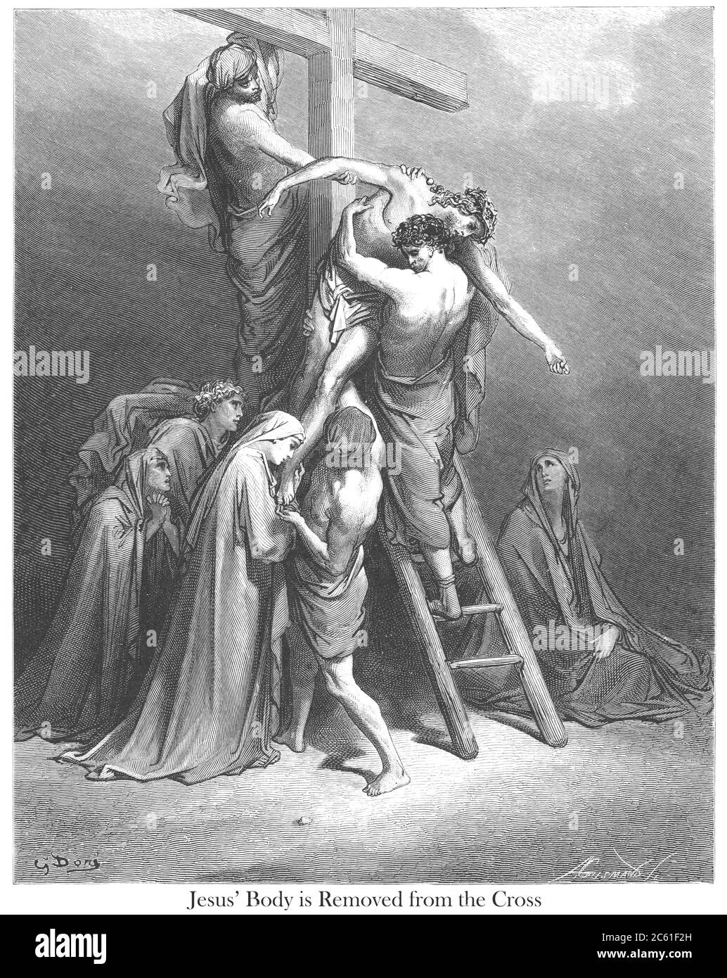 Jesus' body is removed from the Cross (or The Descent From the Cross) [Matthew 27:57-58] From the book 'Bible Gallery' Illustrated by Gustave Dore with Memoir of Dore and Descriptive Letter-press by Talbot W. Chambers D.D. Published by Cassell & Company Limited in London and simultaneously by Mame in Tours, France in 1866 Stock Photo