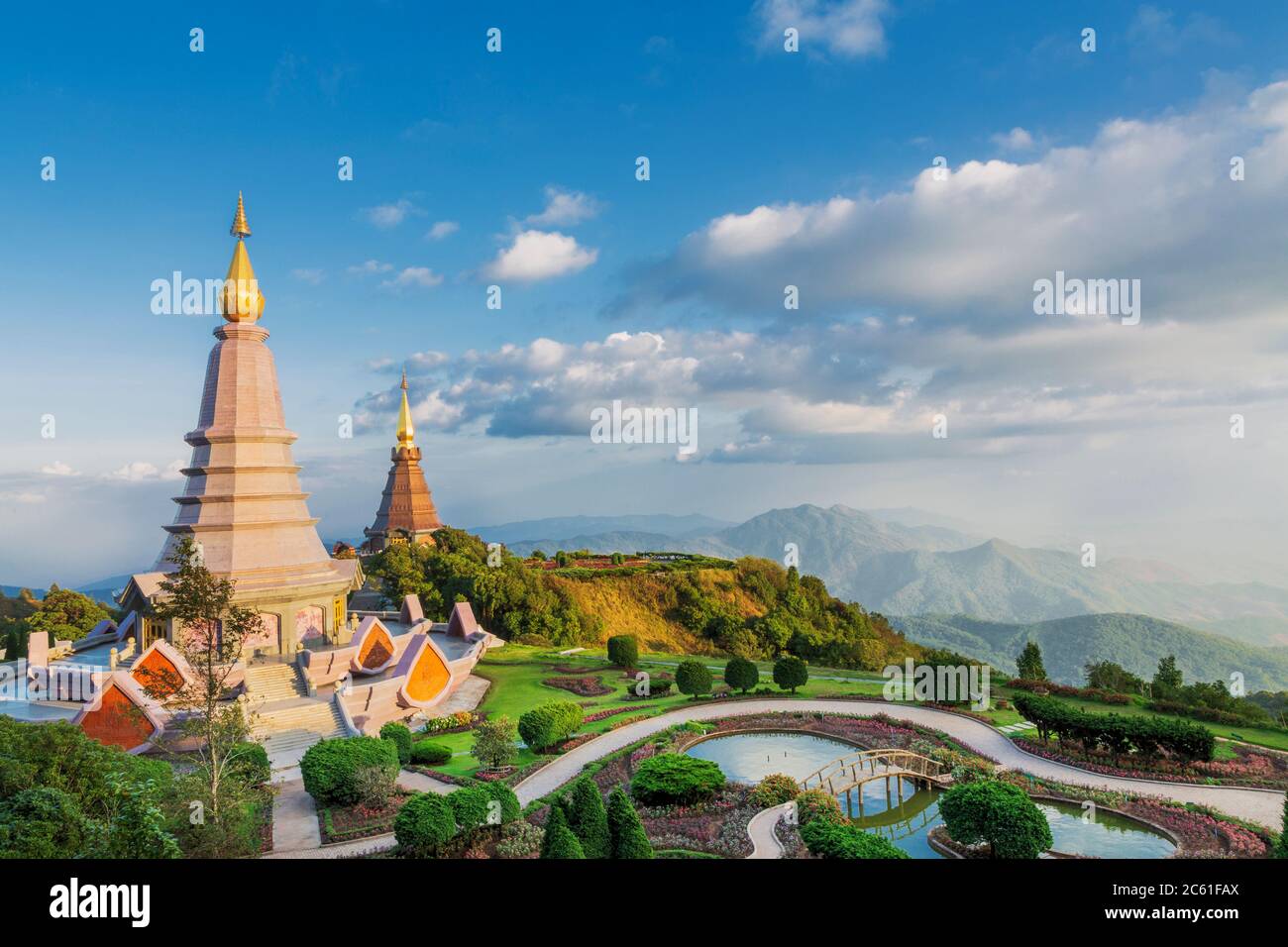 Southeast Asia, Thailand. Buddhist temple and gardens at Doi Inthanon near Chiang Mai Stock Photo