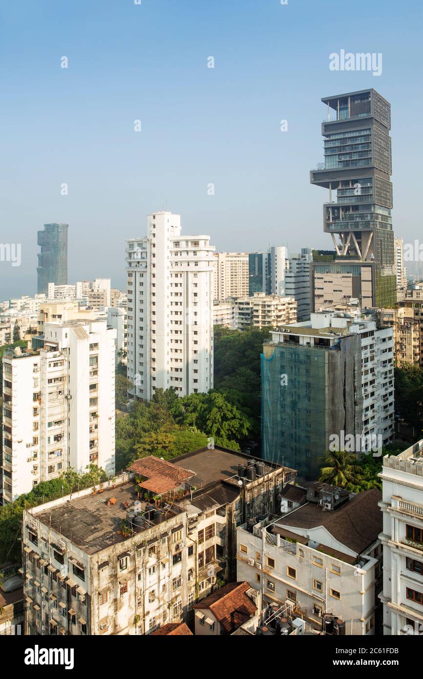 India, Mumbai, South Mumbai, Mumbai City district. Skyline showing apartments blocks and Antilia, home of Mukesh Ambani on Altamont Road Stock Photo