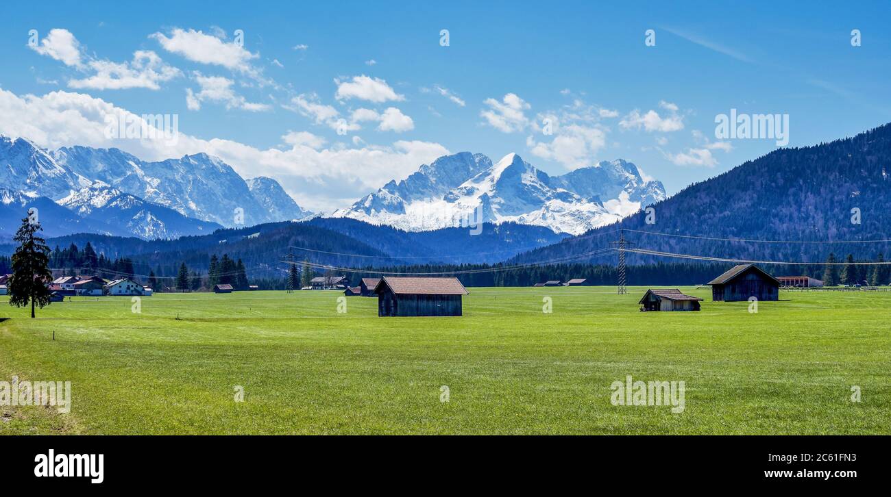 Wetterstein mountains. View from Wallgau, Bavaria, Germany. The ammergau foothills with spectacular mountain view. Stock Photo