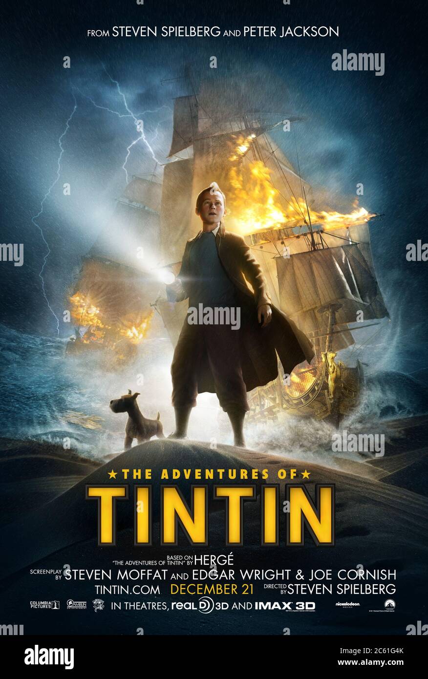 The Adventures of Tintin: The Secret of the Unicorn (2011) directed by Steven Spielberg and starring Jamie Bell, Andy Serkis, Daniel Craig, Nick Frost and Simon Pegg. Big screen adaptation of Hergé's beloved comic book, Tintin sets off on a treasure hunt with Captain Haddock. Stock Photo