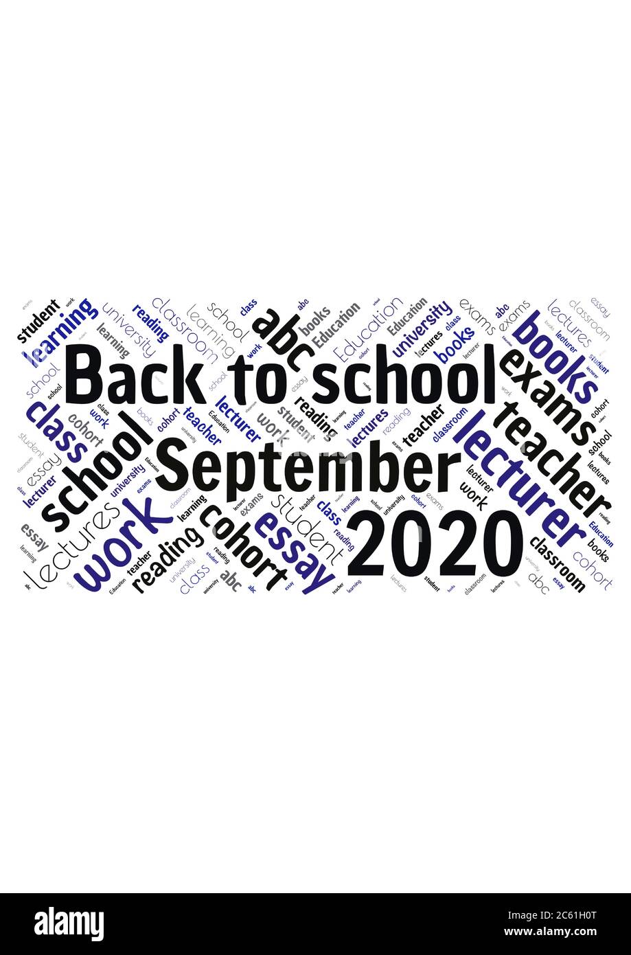 Illustration of a word cloud with words representing education and going back to school in September 2020 Stock Vector