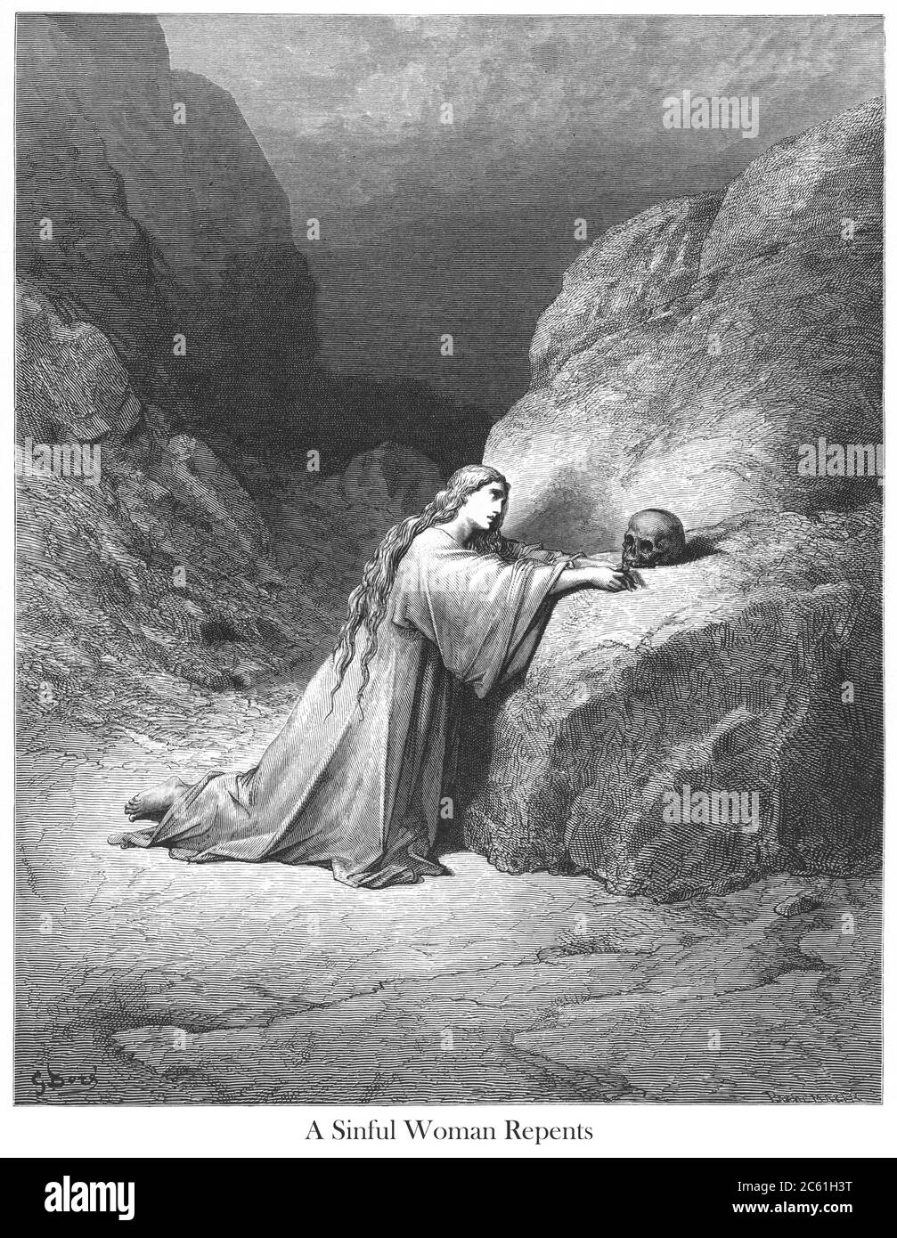 Mary Magdalene Repentant [Luke 8:2] From the book 'Bible Gallery' Illustrated by Gustave Dore with Memoir of Dore and Descriptive Letter-press by Talbot W. Chambers D.D. Published by Cassell & Company Limited in London and simultaneously by Mame in Tours, France in 1866 Stock Photo