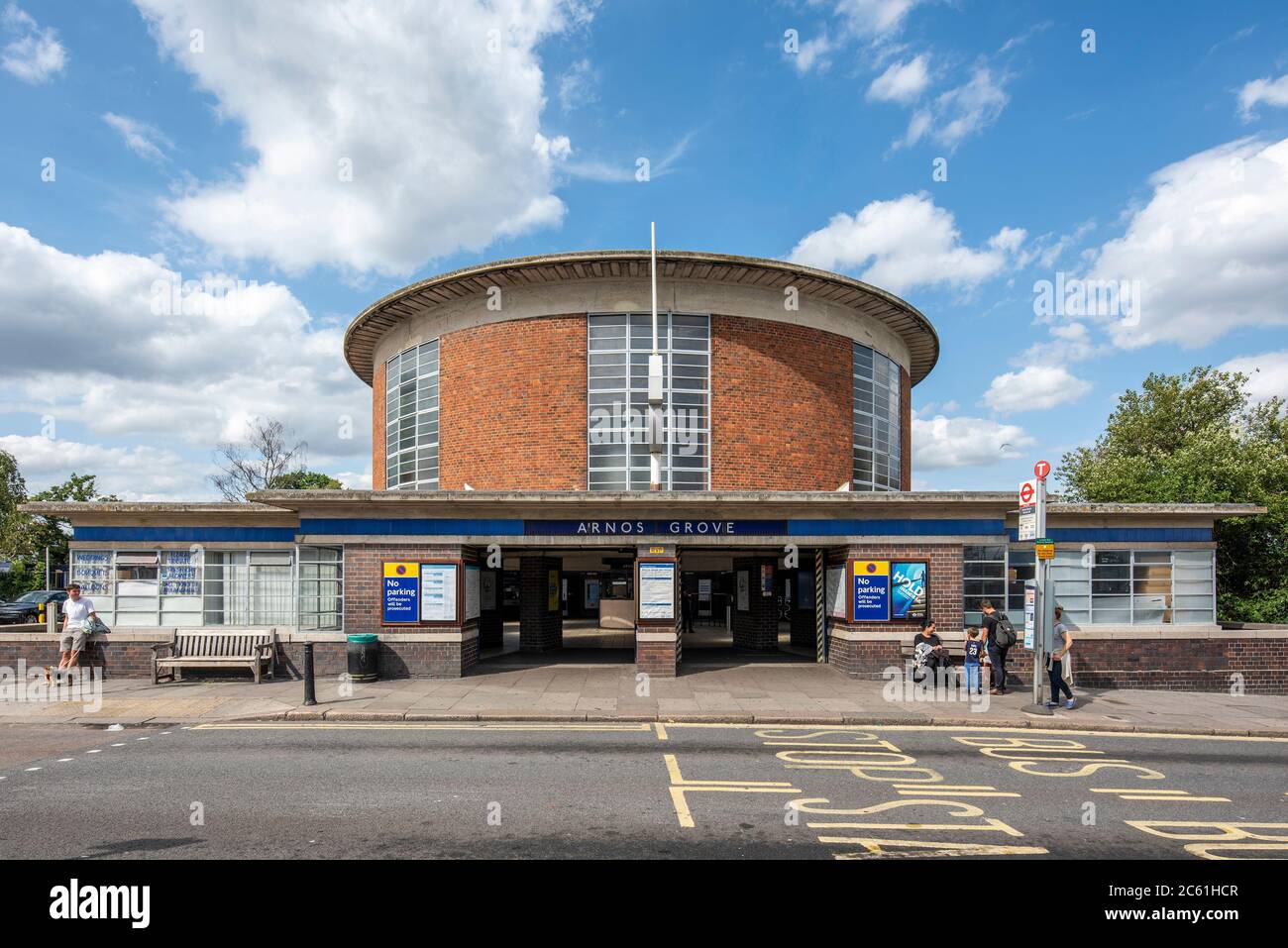 View of main elevation showing circular drum. Arnos Grove Underground