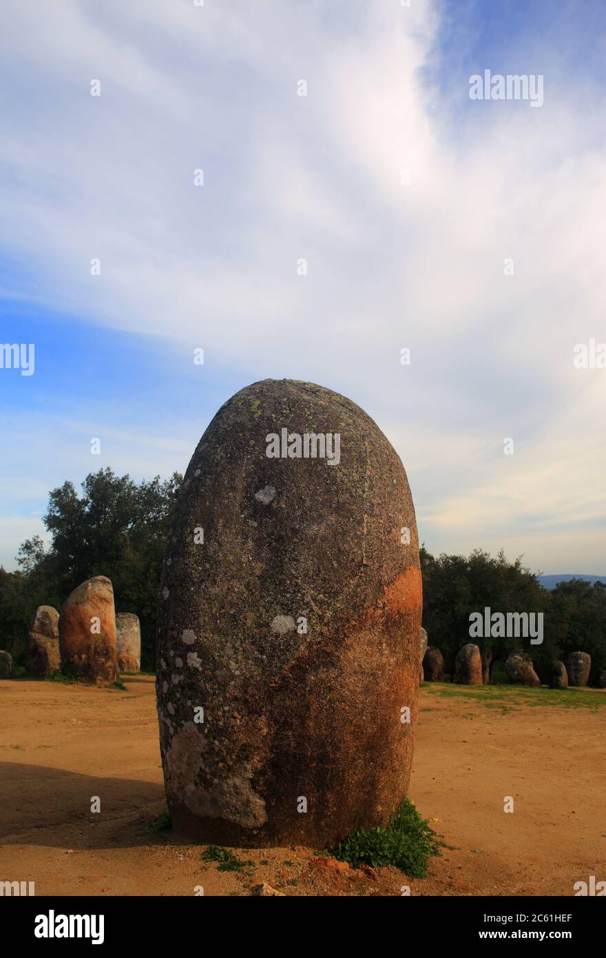 Portugal Alentejo Region Evora Chromlech of Almendres standing granite stones from the megalithic period of archaeoastronomical interest UNESCO site. Stock Photo