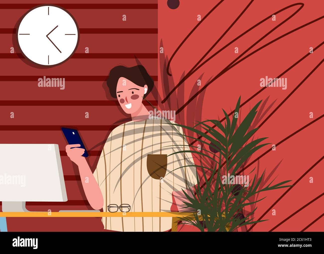 Smiling woman playing smartphone in front computer plant and wall clocks nearby with flat cartoon style . Stock Vector