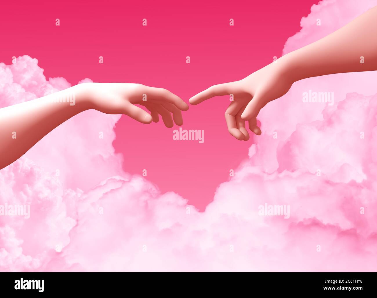 Two Hands And Clouds On Pink Background Create A Heart Shape Stock Photo