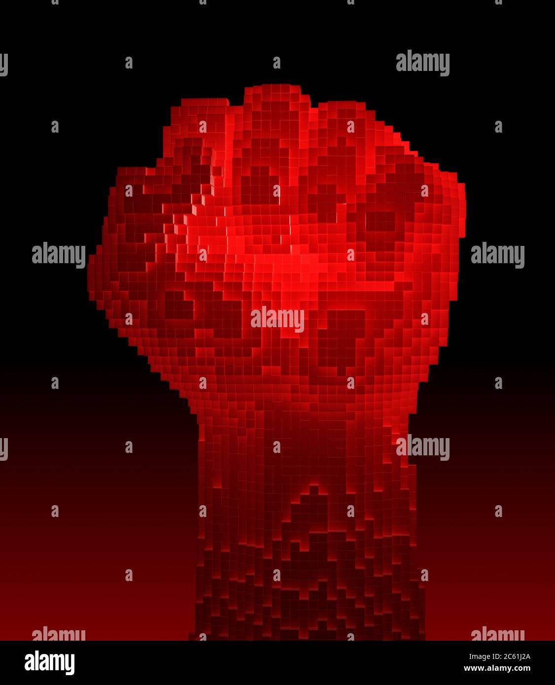 Red-Hot Fist Upward Consisting Of 3D Pixels Stock Photo