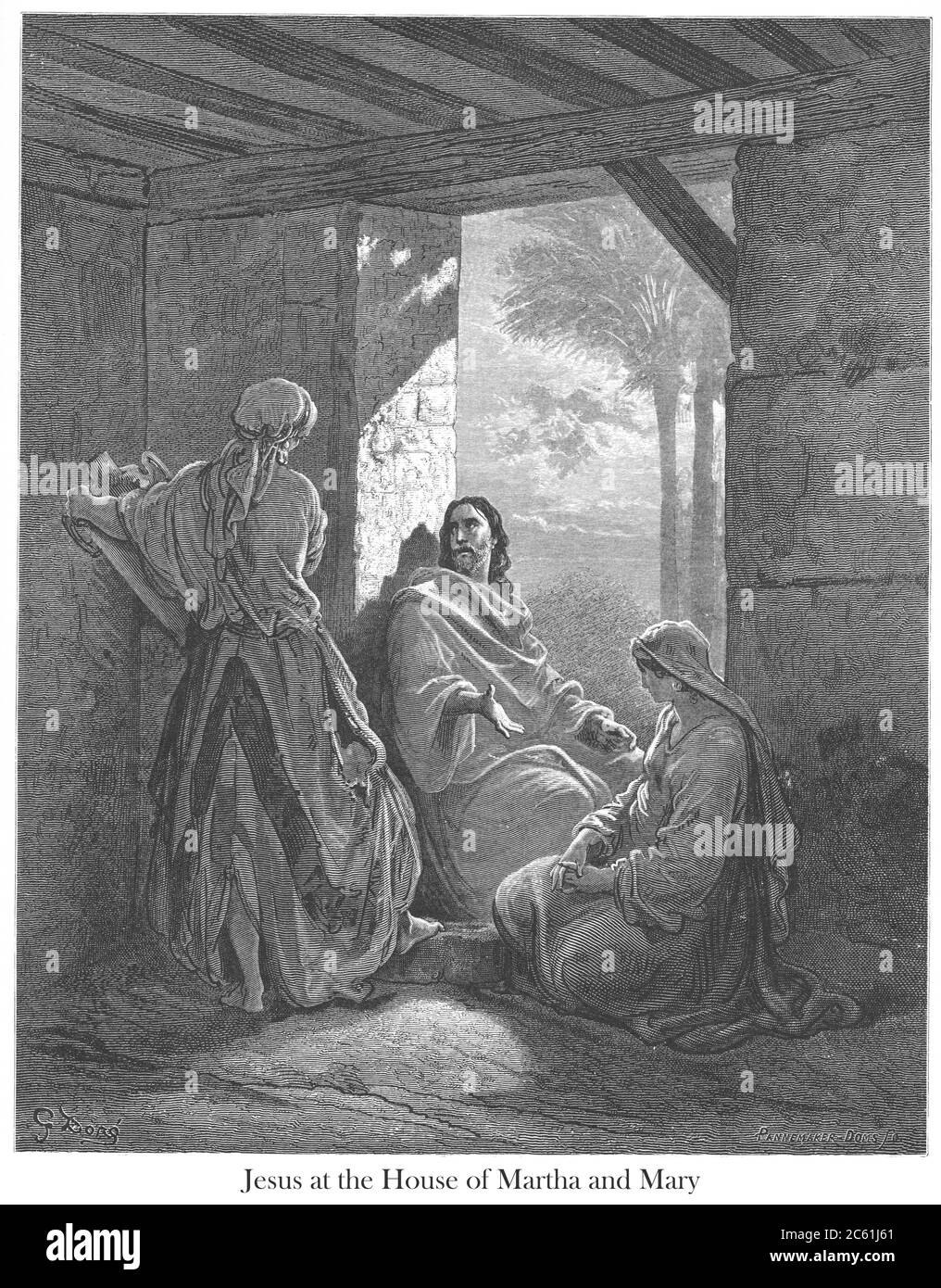 Jesus at the House of Martha and Mary [Luke 10:41-42] From the book 'Bible Gallery' Illustrated by Gustave Dore with Memoir of Dore and Descriptive Letter-press by Talbot W. Chambers D.D. Published by Cassell & Company Limited in London and simultaneously by Mame in Tours, France in 1866 Stock Photo