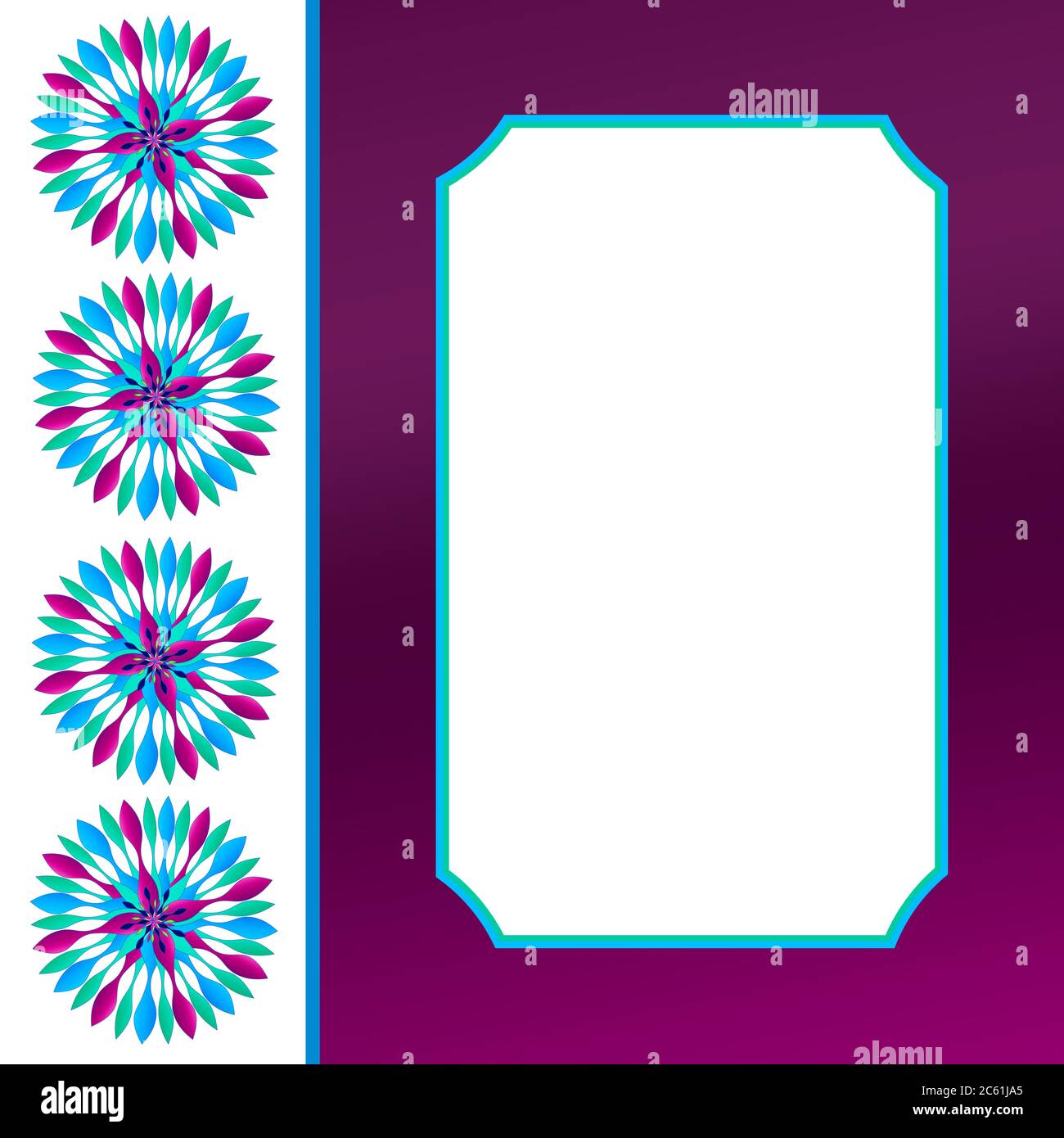 Beautiful graphic Spinner-like design Motifs in a unique colorful scheme of colors including purple, aqua teal and blues.  Some with borders. Stock Photo