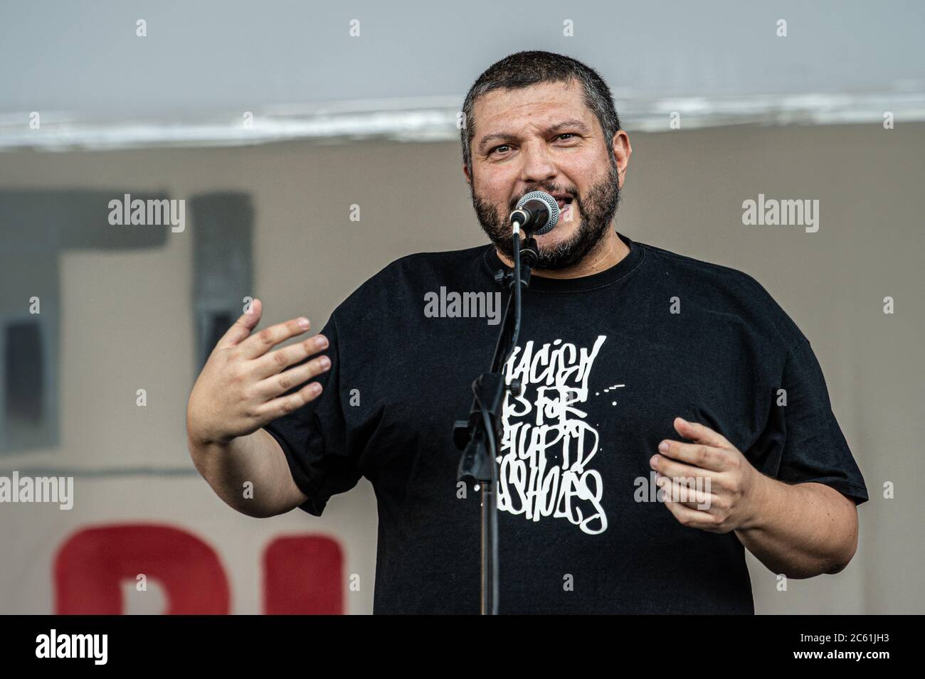 Italian rapper Kento, at 'Stati Popolari', event organized in Piazza San Giovanni, in Rome, Italy, by Aboubakar Soumahoro, Italian-Ivorian trade unionist of the Agricultural Coordination of the Union of Base Union (USB) Stock Photo