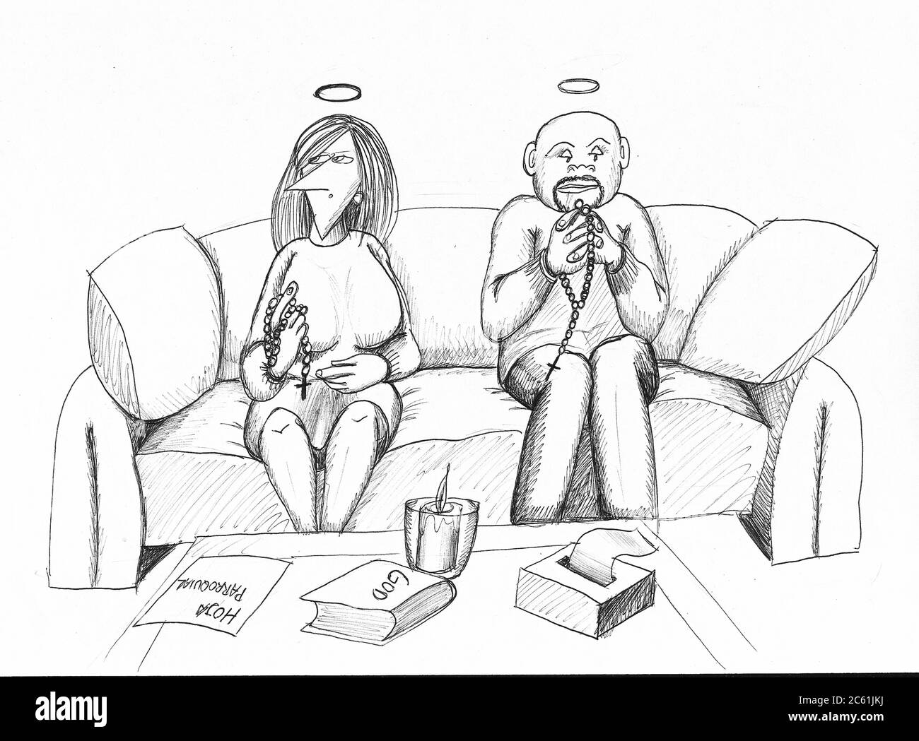 Mature couple siiting in sofa, praying rosary. Illustration. Stock Photo
