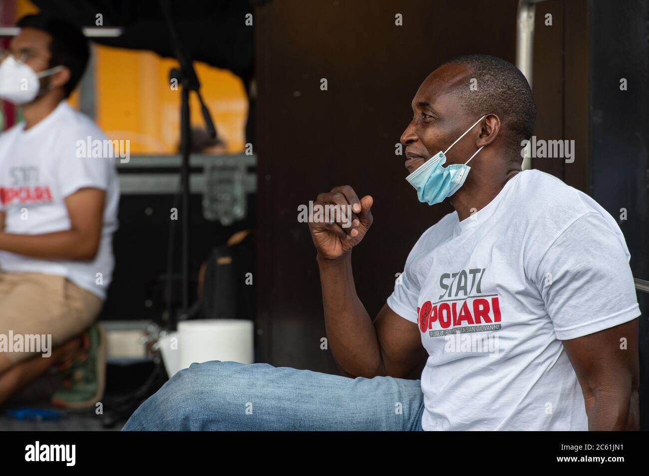 Aboubakar Soumahoro, Italian-Ivorian trade unionist of the Agricultural Coordination of the Union of Base Union (USB). 'Stati Popolari', event organized in Piazza San Giovanni, in Rome, Italy, 5-07-2020. Stock Photo