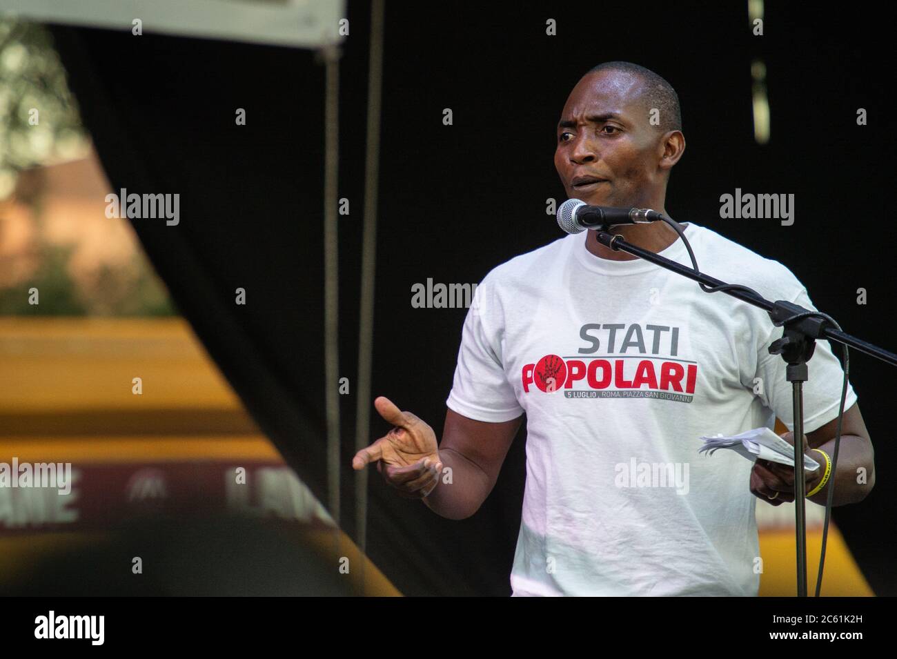 Aboubakar Soumahoro, Italian-Ivorian trade unionist of the Agricultural Coordination of the Union of Base Union (USB). 'Stati Popolari', event organized in Piazza San Giovanni, in Rome, Italy, 5-07-2020. Stock Photo