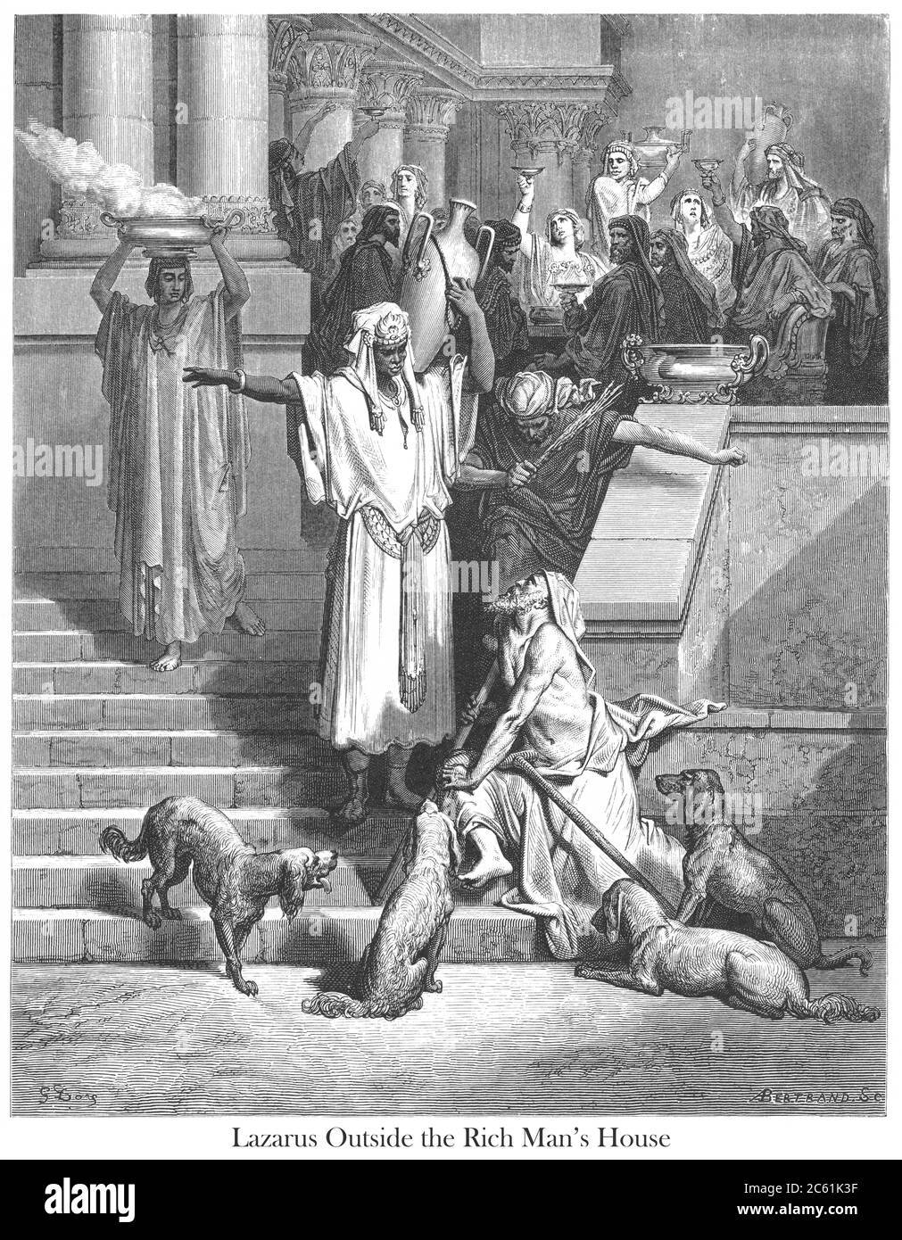 Lazarus at the Rich Man's House [Luke 16:20-21] From the book 'Bible Gallery' Illustrated by Gustave Dore with Memoir of Dore and Descriptive Letter-press by Talbot W. Chambers D.D. Published by Cassell & Company Limited in London and simultaneously by Mame in Tours, France in 1866 Stock Photo