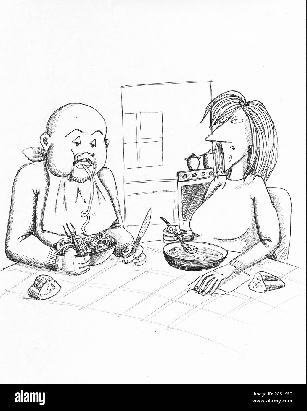 Mature couple having lunch at home. Illustration. Stock Photo