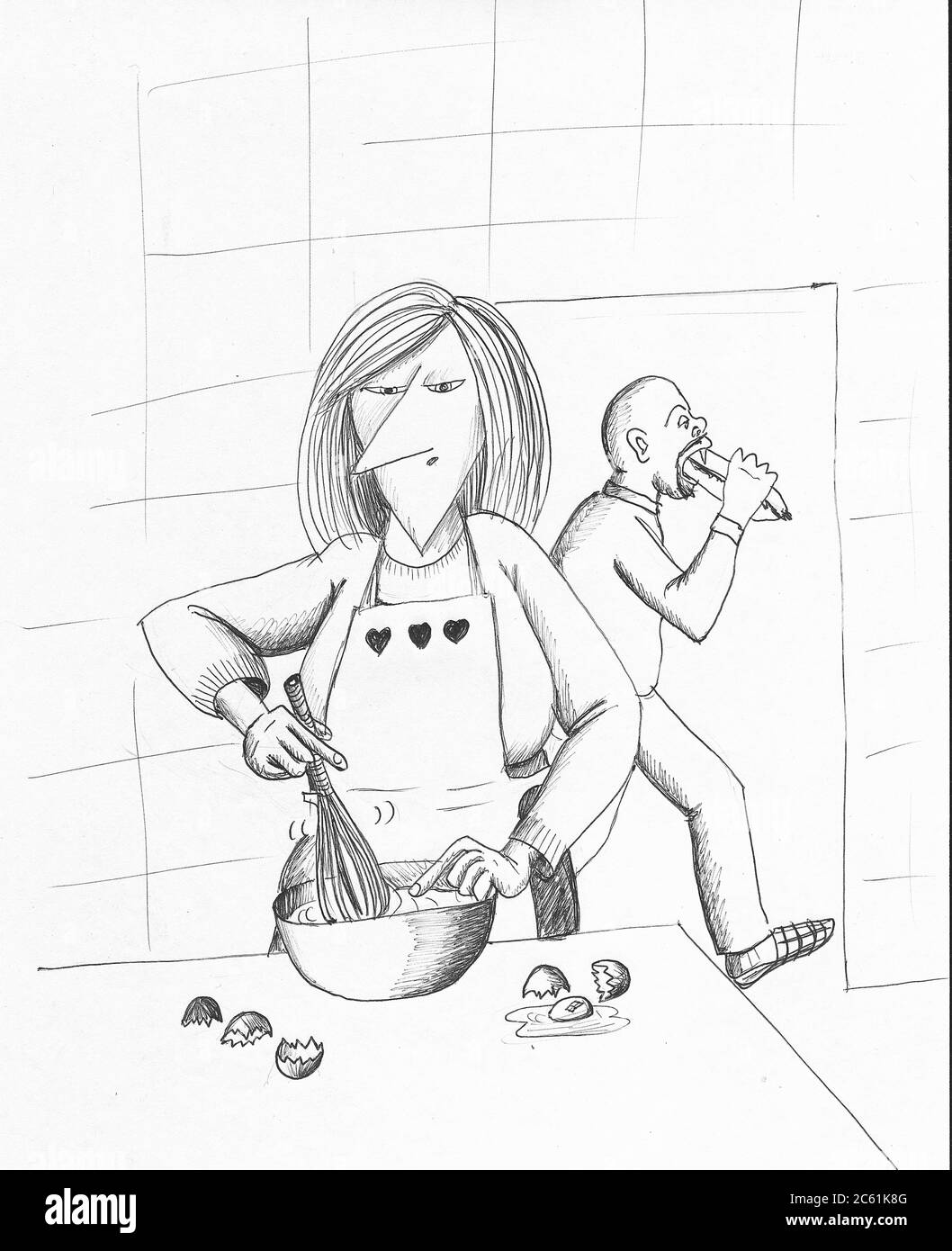 Woman in the kitchen, beating eggs and her husband eating a big sandwich. Illustration. Stock Photo