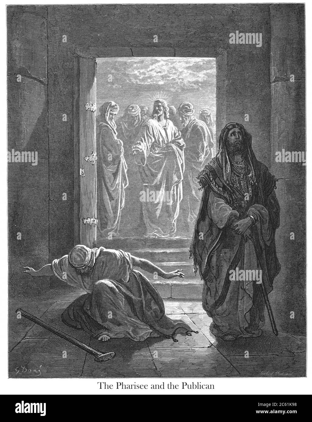 The Pharisee and the Publican [Luke 18:11-13] From the book 'Bible Gallery' Illustrated by Gustave Dore with Memoir of Dore and Descriptive Letter-press by Talbot W. Chambers D.D. Published by Cassell & Company Limited in London and simultaneously by Mame in Tours, France in 1866 Stock Photo