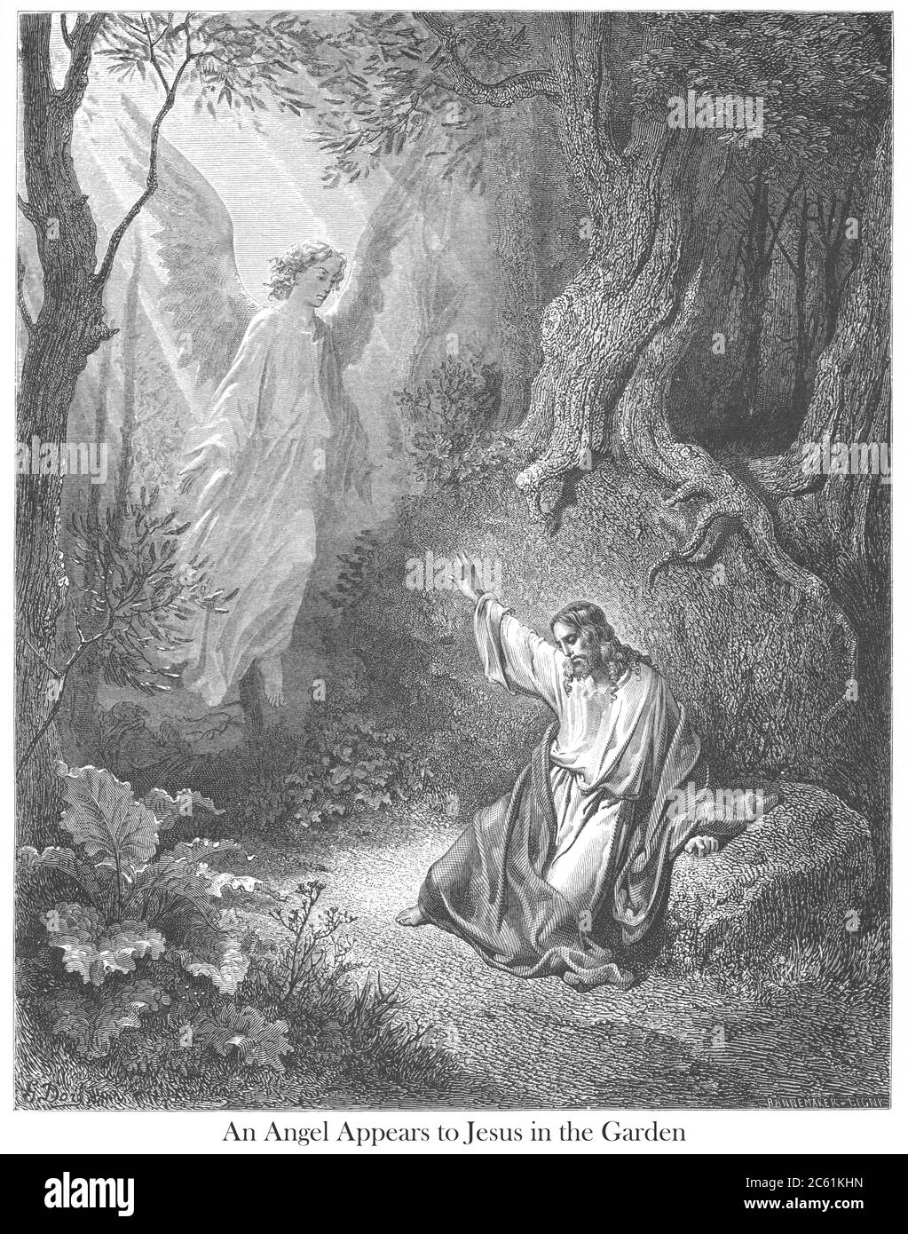 An Angel Appears to Jesus in the garden (or The Agony in the Garden) [Luke 22:43-44] From the book 'Bible Gallery' Illustrated by Gustave Dore with Memoir of Dore and Descriptive Letter-press by Talbot W. Chambers D.D. Published by Cassell & Company Limited in London and simultaneously by Mame in Tours, France in 1866 Stock Photo