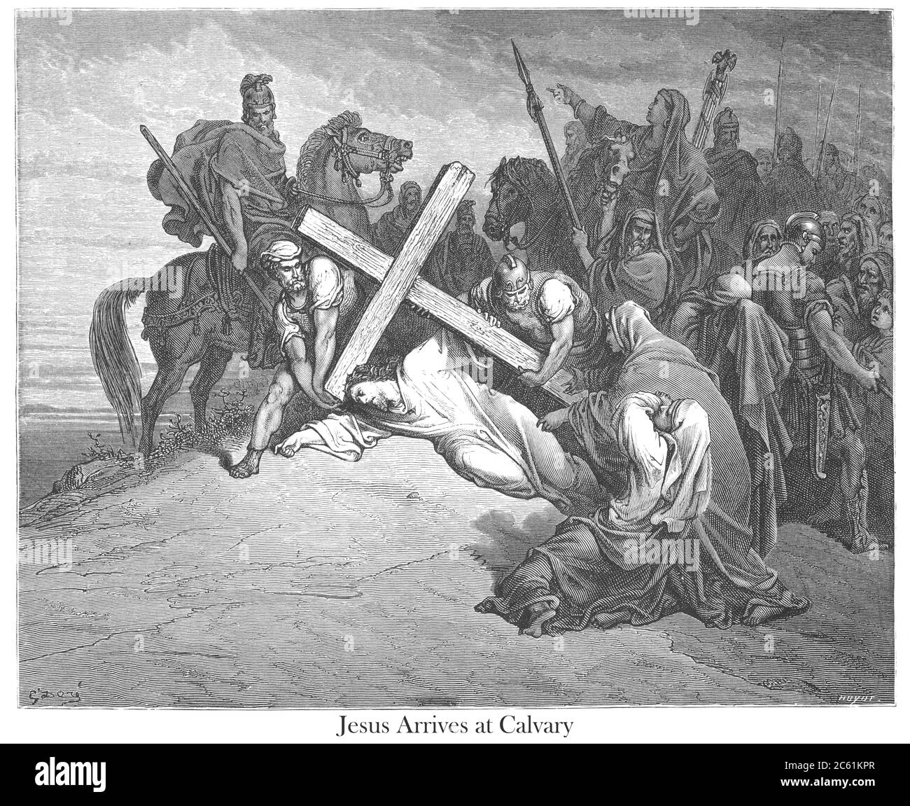 Jesus Arrives at Calvary [Matthew 27:33-34] From the book 'Bible Gallery' Illustrated by Gustave Dore with Memoir of Dore and Descriptive Letter-press by Talbot W. Chambers D.D. Published by Cassell & Company Limited in London and simultaneously by Mame in Tours, France in 1866 Stock Photo