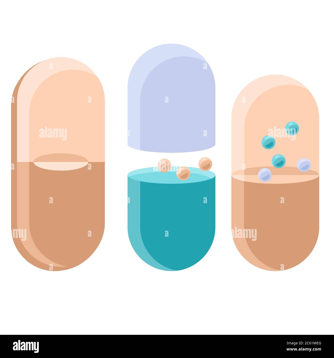 Capsule sticker set on white isolated backdrop. Vitamin pills for social banner, medical poster, web template or cloth print. Chemist shop logo or inf Stock Vector