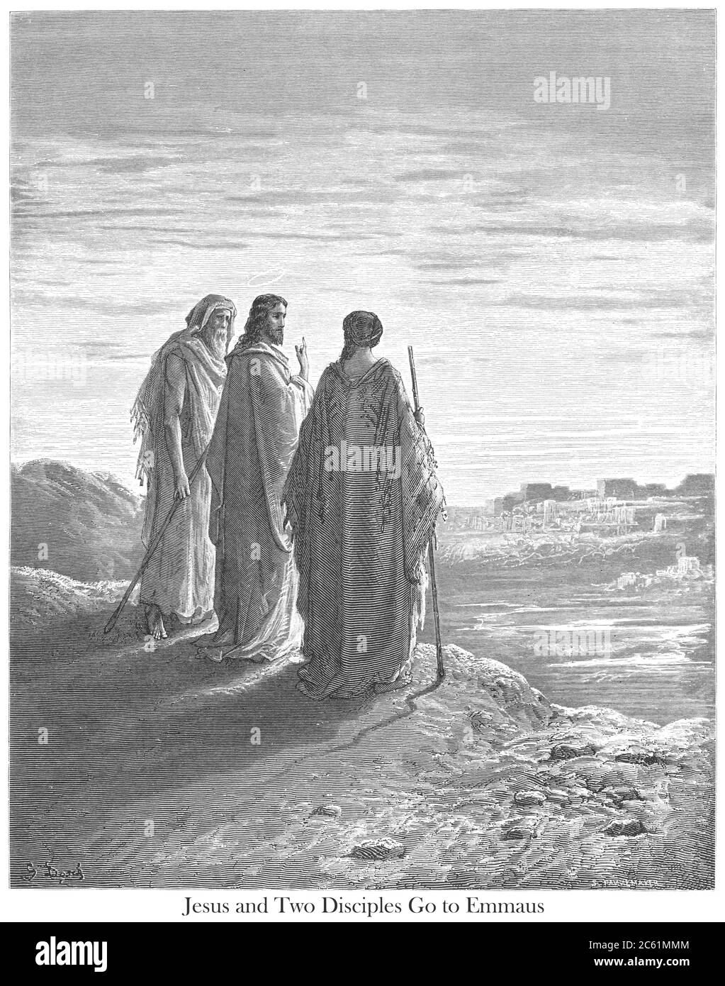Jesus and the two Disciples Going to Emmaus [Luke 24:26-27] From the book 'Bible Gallery' Illustrated by Gustave Dore with Memoir of Dore and Descriptive Letter-press by Talbot W. Chambers D.D. Published by Cassell & Company Limited in London and simultaneously by Mame in Tours, France in 1866 Stock Photo