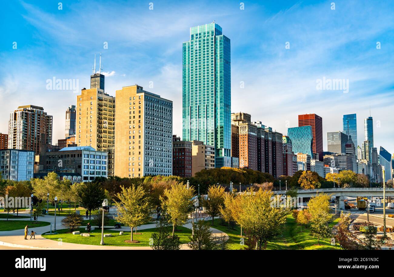Skyline of Chicago at Grant Park in Illinois, United States Stock Photo ...