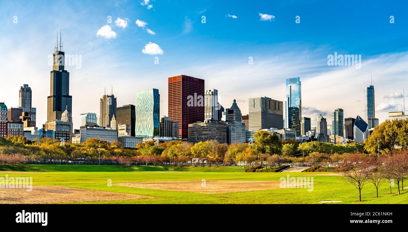 Skyline of Chicago at Grant Park in Illinois, United States Stock Photo ...