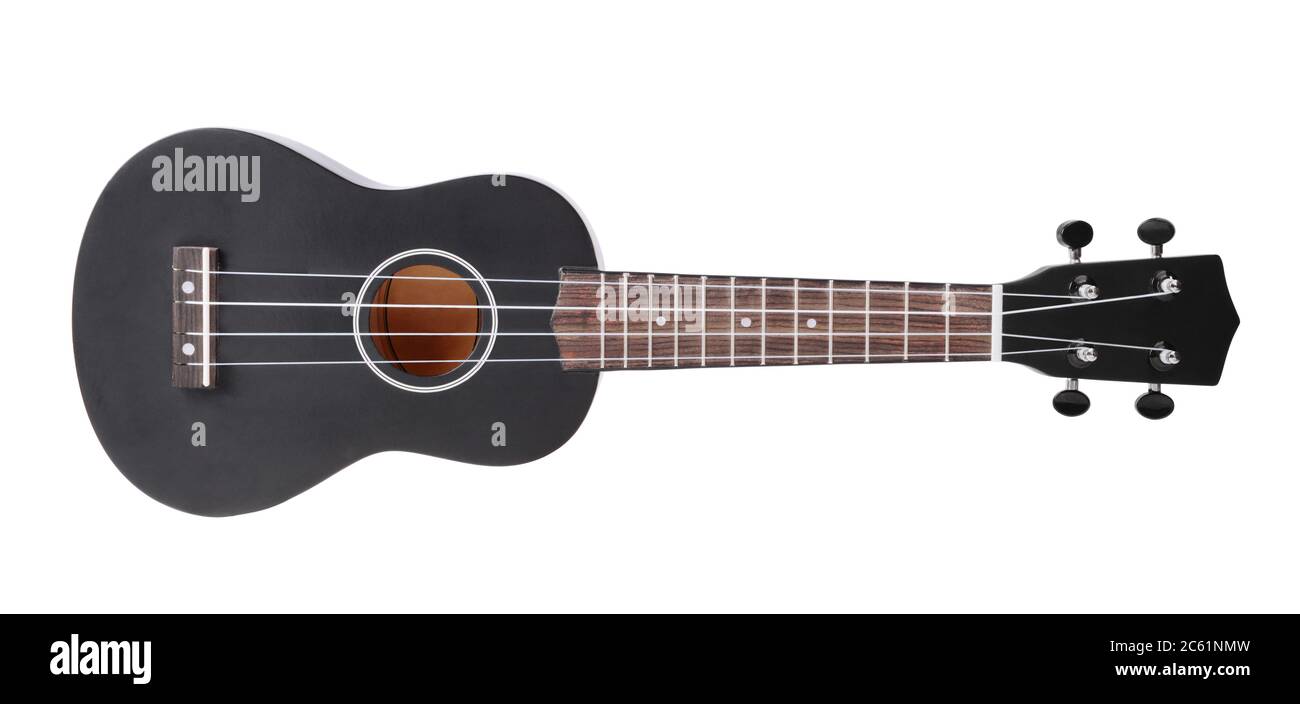 Black guitar isolated on white background, horizontal. Stock Photo