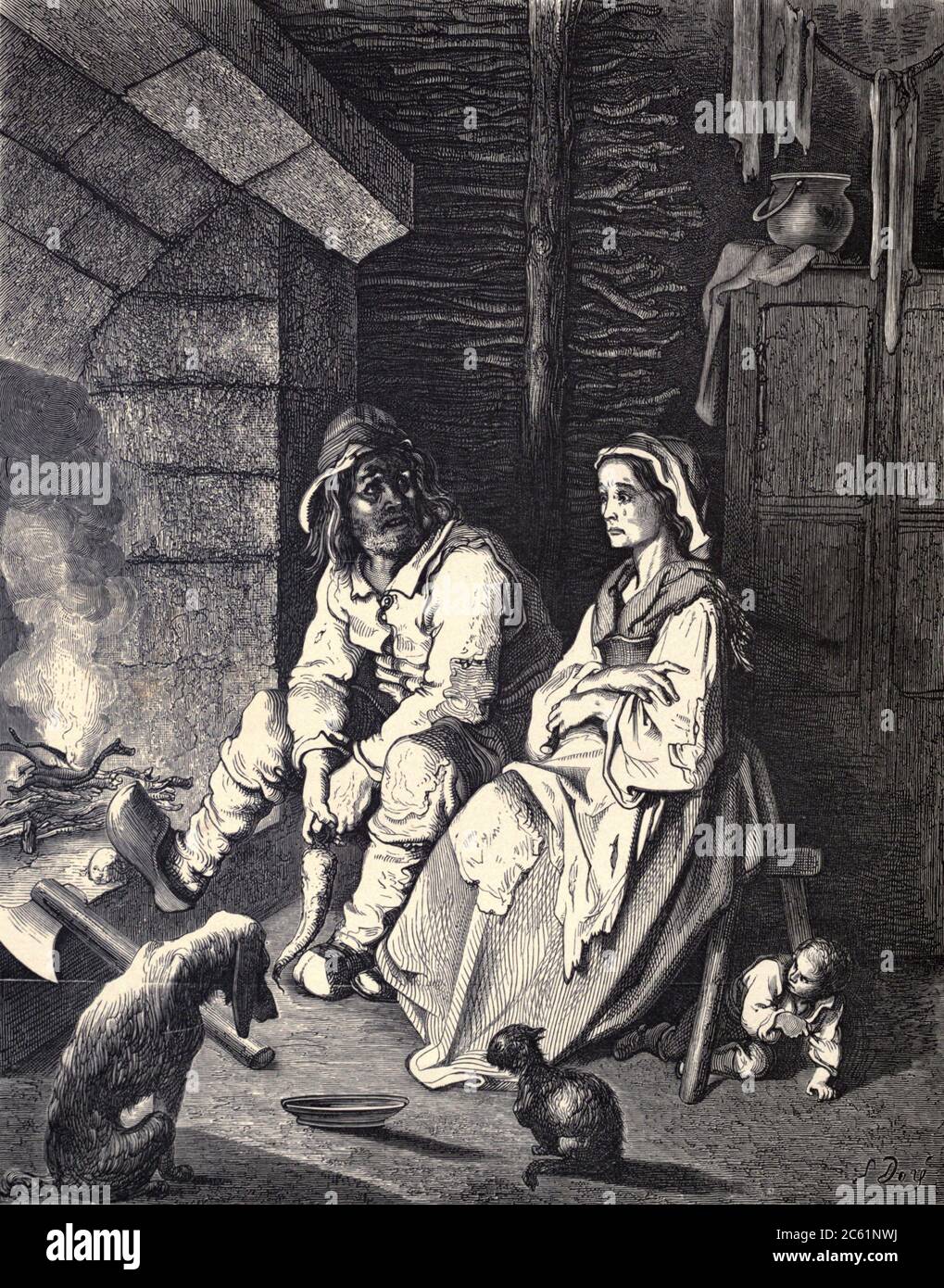 He saw on her cheek a tear-drop glisten, So he hid himself under her chair to listen.” Illustration from ‘Hop O’ My Thumb’ by Paul Gustave Dore. Hop-o'-My-Thumb (Hop-on-My-Thumb), or Hop o' My Thumb, also known as Little Thumbling, Little Thumb, or Little Poucet is one of the eight fairytales published by Charles Perrault in Histoires ou Contes du temps passé (1697), Where the small boy defeats the ogre. Illustration by Gustave Dore from the book Fairy realm. A collection of the favourite old tales. Illustrated by the pencil of Gustave Dore by Tom Hood, (1835-1874); Gustave Doré, (1832-1883) P Stock Photo