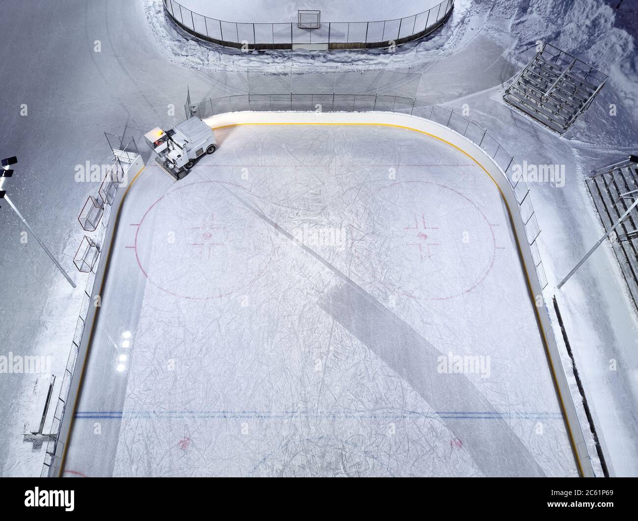 Aerial view of a ice rink, Ice resurfacer to clean and smooth the surface of a sheet of ice rink Stock Photo