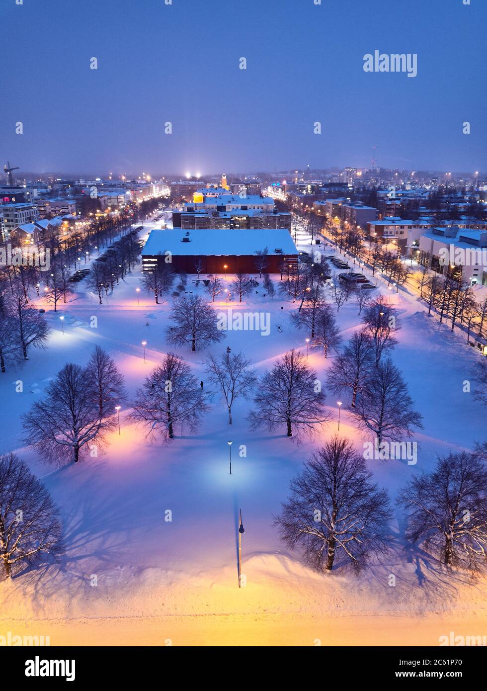 Aerial view of Joensuu, city in the evening, winter cityscape, Finland. Stock Photo
