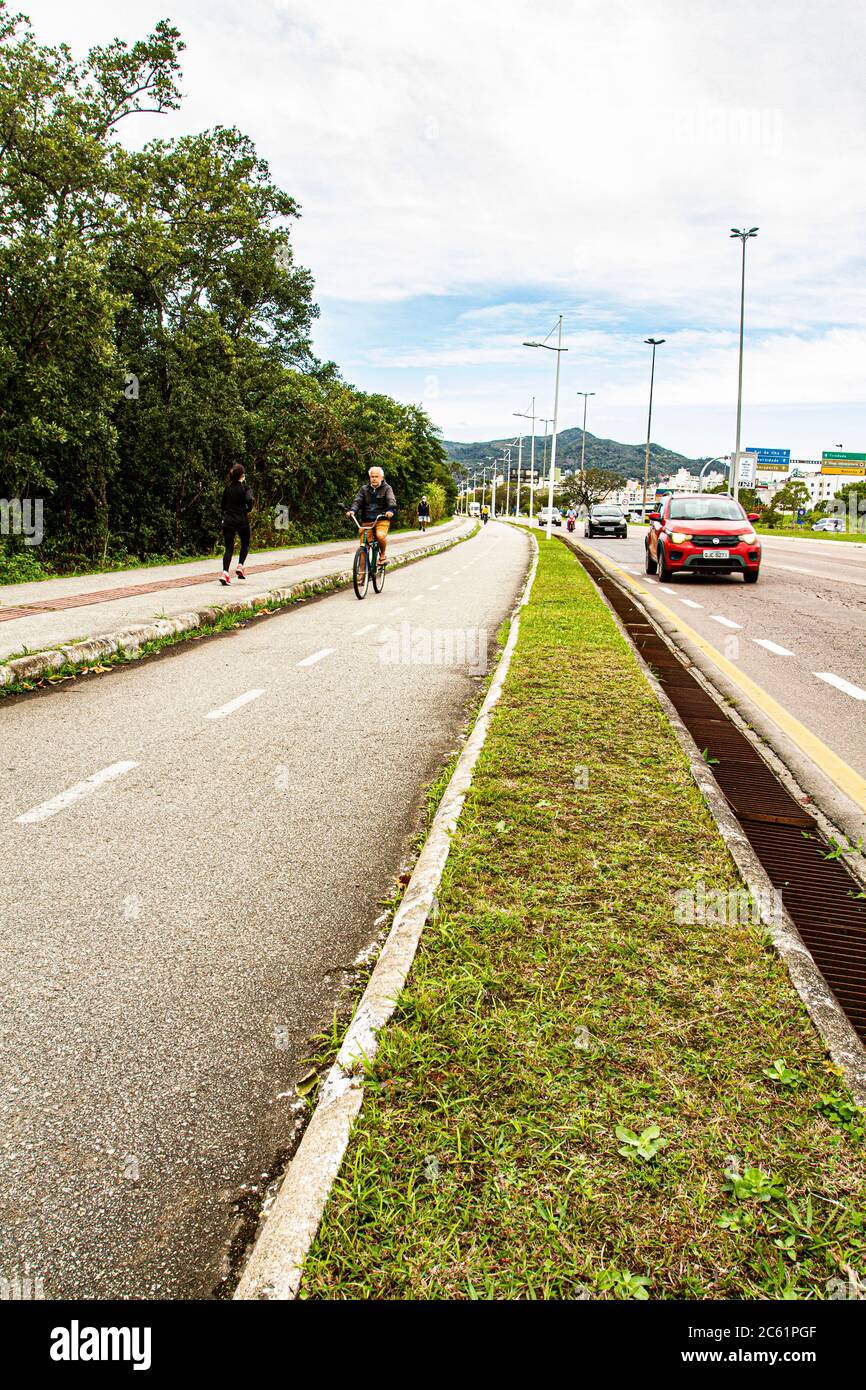 Bike lane at Professor Henrique da Silva Fontes Avenue. Florianopolis, Santa Catarina, Brazil. Stock Photo
