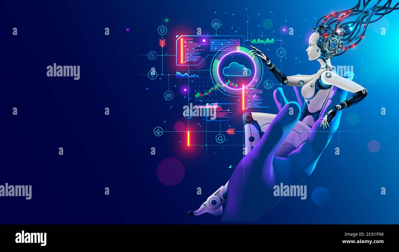 Beauty robot woman sitting in hand human, analyze data on hud interface in cyberspace. Cyborg with artificial intelligence working with neural Stock Vector