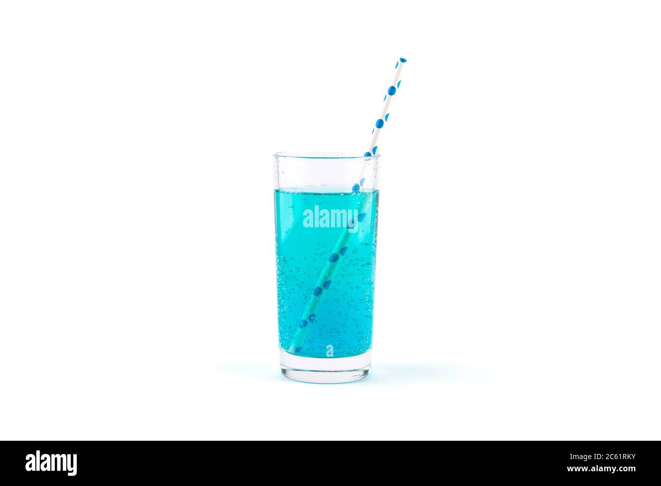 Blue lemonade with gas bubbles and a cocktail straw isolated on white background. Blue Cocktail Drink .
