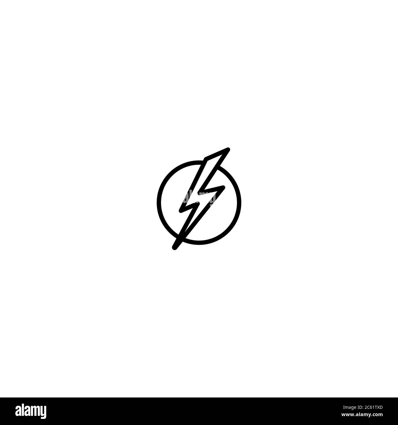 Black lightning bolt in circle simple flat icon. storm or thunder and lightning strike sign isolated on white. High electricity voltage symbol. Vetor Stock Vector