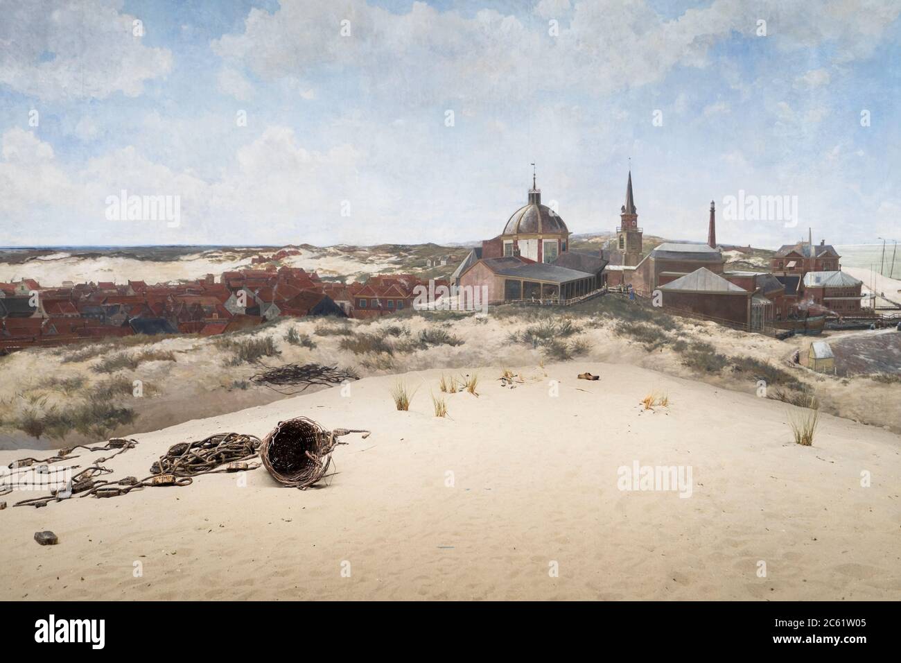 A small section of the giant cylindrical painting by the painter Mesdag, with fake terrain in the foreground in the famous Museum Mesdag in the Hague Stock Photo
