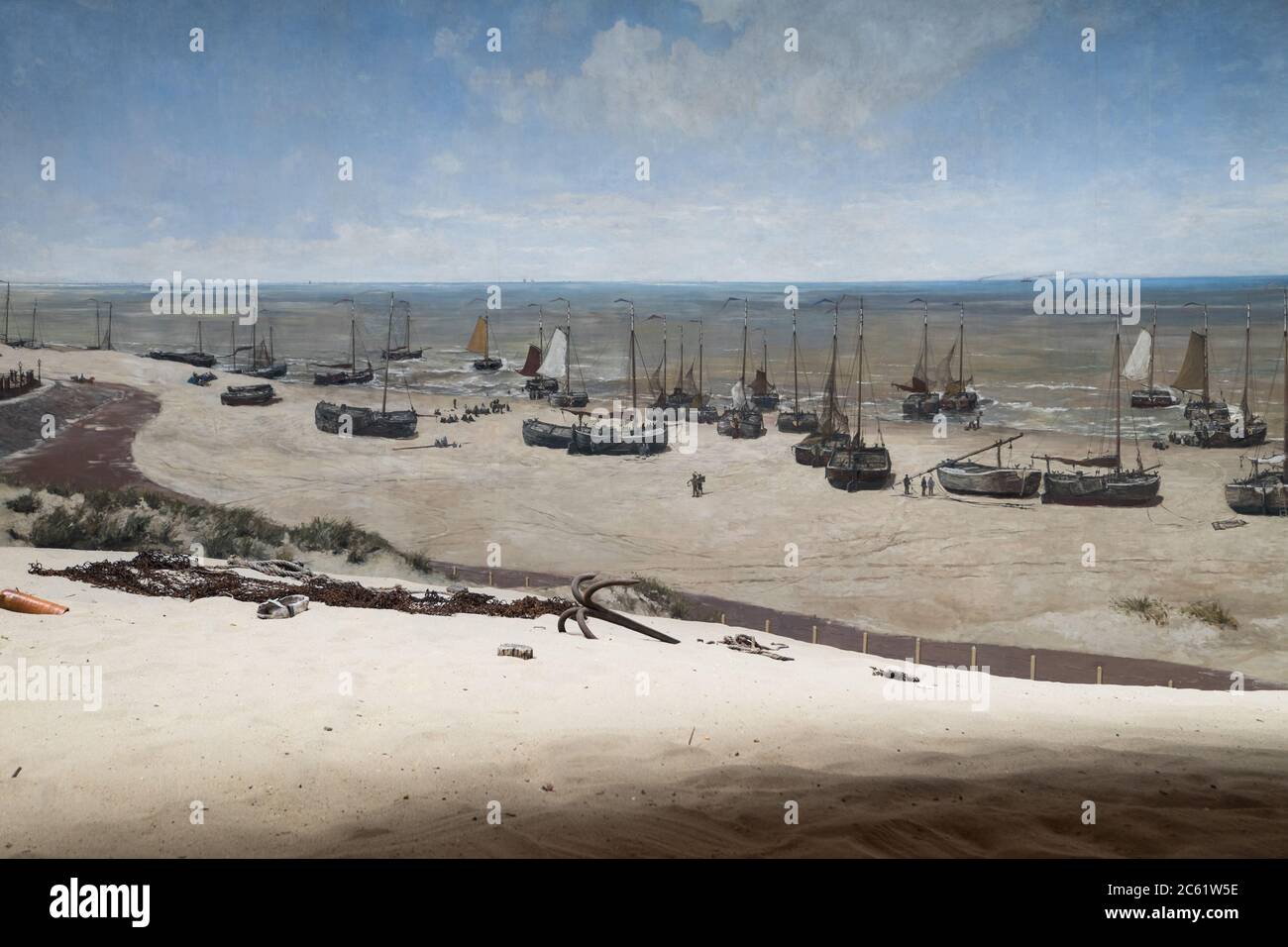 A small section of the giant cylindrical painting by the painter Mesdag, with fake terrain in the foreground in the famous Museum Mesdag in the Hague Stock Photo