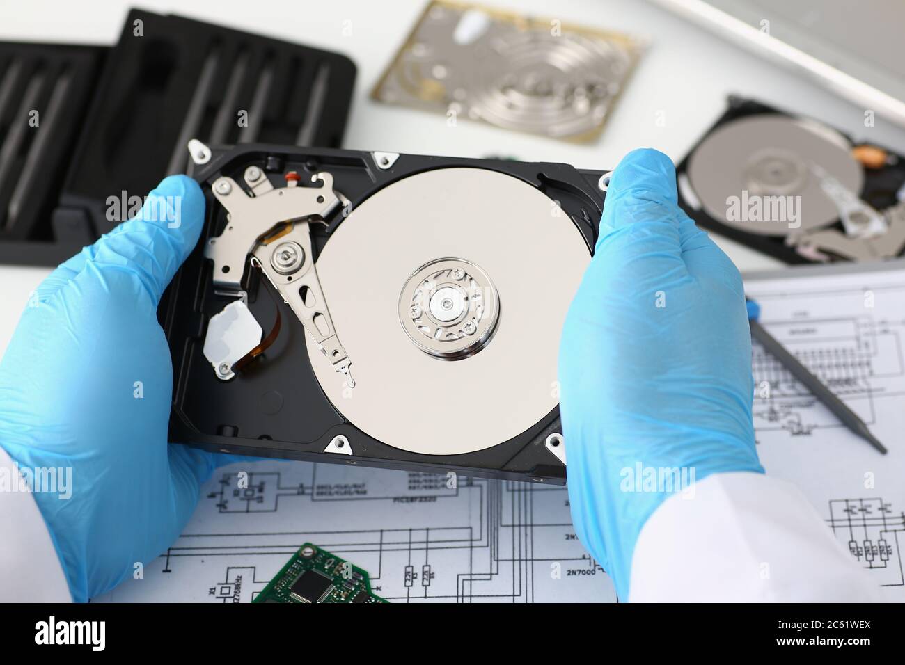 Image of the inside of the hard drive on the table Stock Photo